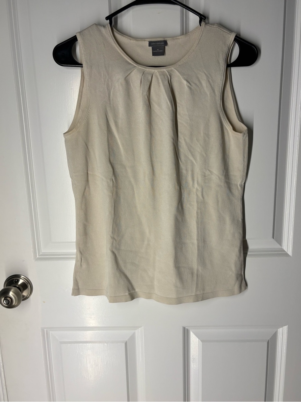 Summer Capsule Minimalist Ann Taylor Ivory Sleeveless Pleat-Front Knit Shell